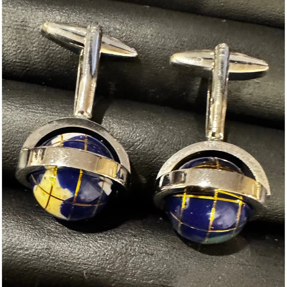 Vintage Silver Tone Blue Globe Cufflinks World Map Travel Theme Mens Jewelry